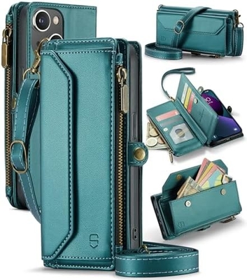 iPhone 13 case, zipper wallet with 7 cards, leather magnetic flip-flop wristband
