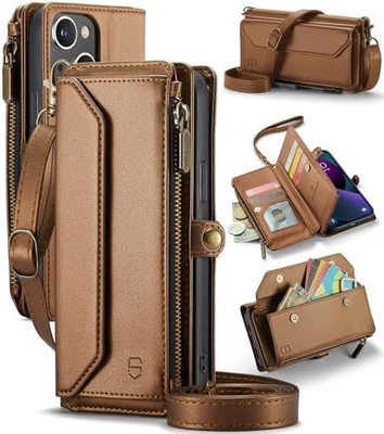 iPhone 13 case, zipper wallet with 7 cards, leather magnetic flip-flop wristband