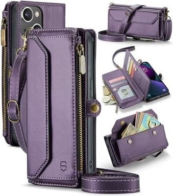 iPhone 13 case, zipper wallet with 7 cards, leather magnetic flip-flop wristband