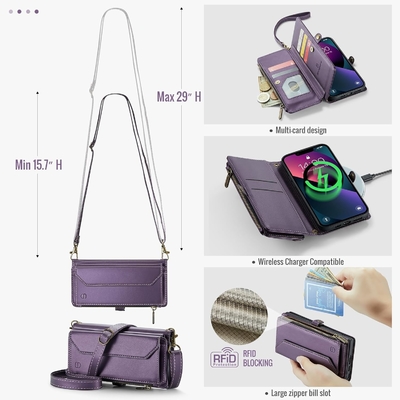 iPhone 13 case, zipper wallet with 7 cards, leather magnetic flip-flop wristband
