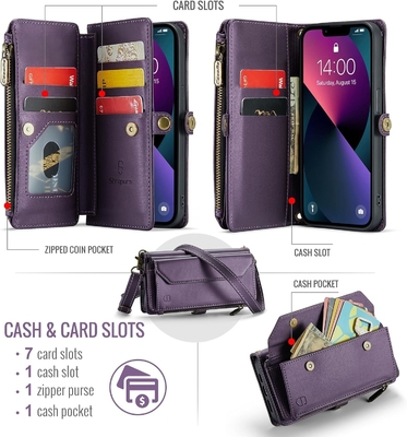 iPhone 13 case, zipper wallet with 7 cards, leather magnetic flip-flop wristband