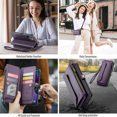 iPhone 13 case, zipper wallet with 7 cards, leather magnetic flip-flop wristband
