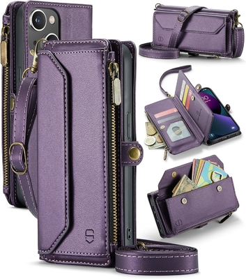 iPhone 13 case, zipper wallet with 7 cards, leather magnetic flip-flop wristband