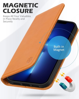 Leather wallet folding case Magnetic seal RFID blocking card slot holder Fully protected case compatible with iPhone 13