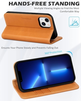 Leather wallet folding case Magnetic seal RFID blocking card slot holder Fully protected case compatible with iPhone 13