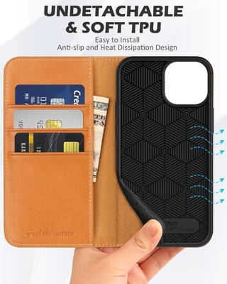Leather wallet folding case Magnetic seal RFID blocking card slot holder Fully protected case compatible with iPhone 13