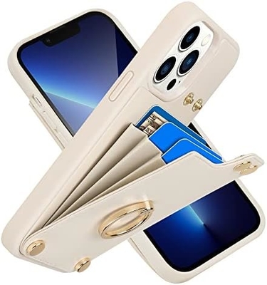 Cardholders with iPhone 13 Pro Max, 360° rotating ring holder, leather holder card slot case, RFID shockproof cover,