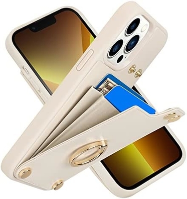 Cardholders with iPhone 13 Pro Max, 360° rotating ring holder, leather holder card slot case, RFID shockproof cover,