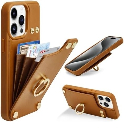 Cardholders with iPhone 13 Pro Max, 360° rotating ring holder, leather holder card slot case, RFID shockproof cover,