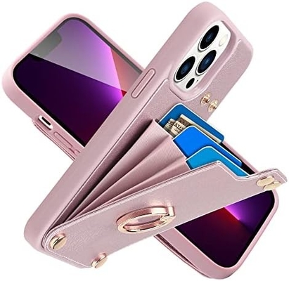 Cardholders with iPhone 13 Pro Max, 360° rotating ring holder, leather holder card slot case, RFID shockproof cover,