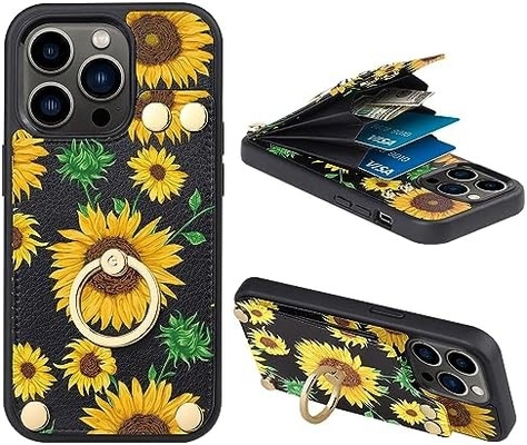 Cardholders with iPhone 13 Pro Max, 360° rotating ring holder, leather holder card slot case, RFID shockproof cover,