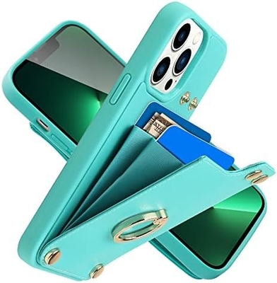 Cardholders with iPhone 13 Pro Max, 360° rotating ring holder, leather holder card slot case, RFID shockproof cover,