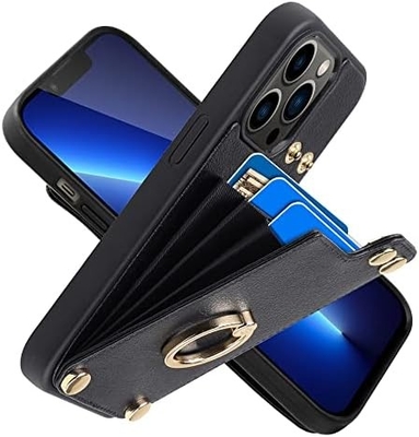 Cardholders with iPhone 13 Pro Max, 360° rotating ring holder, leather holder card slot case, RFID shockproof cover,