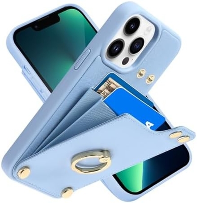 Cardholders with iPhone 13 Pro Max, 360° rotating ring holder, leather holder card slot case, RFID shockproof cover,