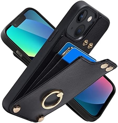 Cardholders with iPhone 13 Pro Max, 360° rotating ring holder, leather holder card slot case, RFID shockproof cover,