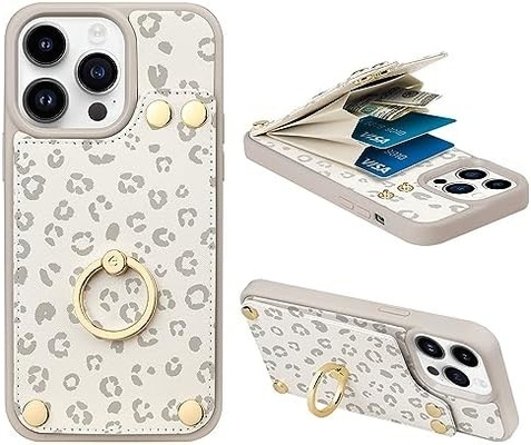 Cardholders with iPhone 13 Pro Max, 360° rotating ring holder, leather holder card slot case, RFID shockproof cover,