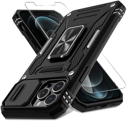 iPhone 12 Pro Max with Slide Camera Cover+Screen Protector(1 Pack),Rotated Ring Kickstand Military Grade Shockproof