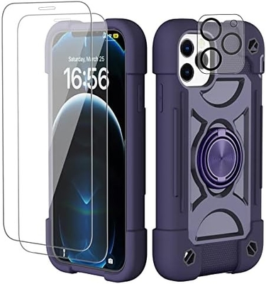 iPhone 12 Pro Max Case 6.7&quot; - Heavy-Duty Shockproof, Ring Stand, Glass Screen &amp; Camera Lens Protector (Rainbow Pink)