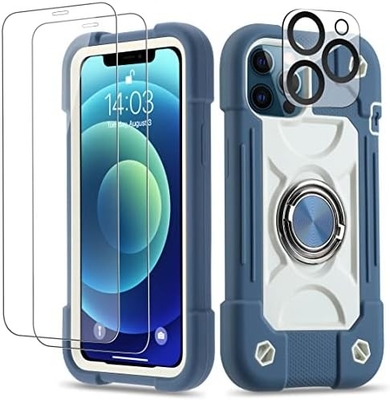 iPhone 12 Pro Max Case 6.7&quot; - Heavy-Duty Shockproof, Ring Stand, Glass Screen &amp; Camera Lens Protector (Rainbow Pink)