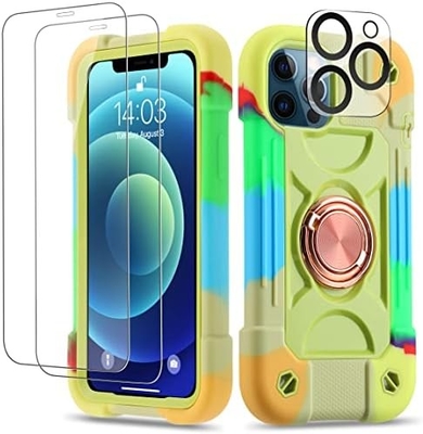 iPhone 12 Pro Max Case 6.7&quot; - Heavy-Duty Shockproof, Ring Stand, Glass Screen &amp; Camera Lens Protector (Rainbow Pink)