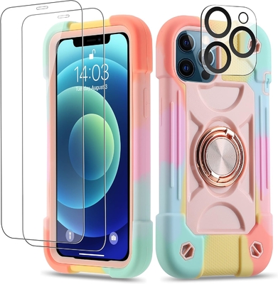 iPhone 12 Pro Max Case 6.7&quot; - Heavy-Duty Shockproof, Ring Stand, Glass Screen &amp; Camera Lens Protector (Rainbow Pink)