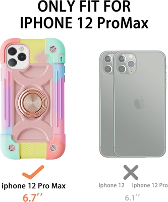 iPhone 12 Pro Max Case 6.7&quot; - Heavy-Duty Shockproof, Ring Stand, Glass Screen &amp; Camera Lens Protector (Rainbow Pink)