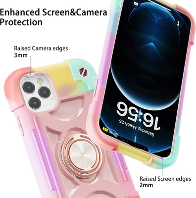 iPhone 12 Pro Max Case 6.7&quot; - Heavy-Duty Shockproof, Ring Stand, Glass Screen &amp; Camera Lens Protector (Rainbow Pink)