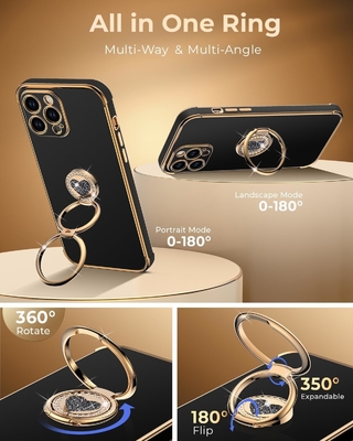 iPhone 12 Pro Max Case with Stand, Phone Case with Double Ring Kickstand, Women Girls Bling Luxury Protective Case Hear