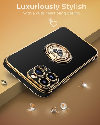 iPhone 12 Pro Max Case with Stand, Phone Case with Double Ring Kickstand, Women Girls Bling Luxury Protective Case Hear
