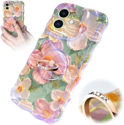 iPhone 12 Pro Max case Ring, Oil Painting flower Colorful retro flower cute curly wave frame Women's Girl phone case