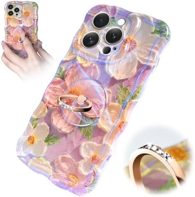 iPhone 12 Pro Max case Ring, Oil Painting flower Colorful retro flower cute curly wave frame Women's Girl phone case