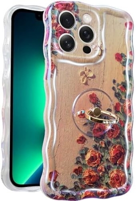 iPhone 12 Pro Max case Ring, Oil Painting flower Colorful retro flower cute curly wave frame Women's Girl phone case