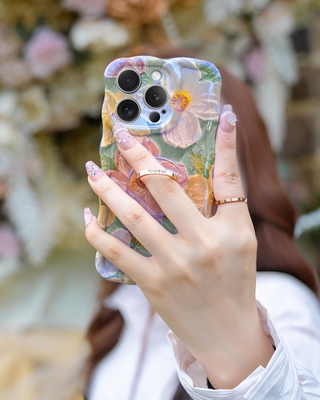 iPhone 12 Pro Max case Ring, Oil Painting flower Colorful retro flower cute curly wave frame Women's Girl phone case