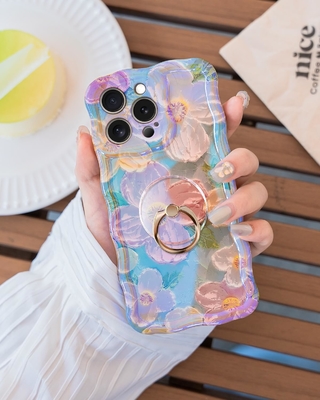 iPhone 12 Pro Max case Ring, Oil Painting flower Colorful retro flower cute curly wave frame Women's Girl phone case