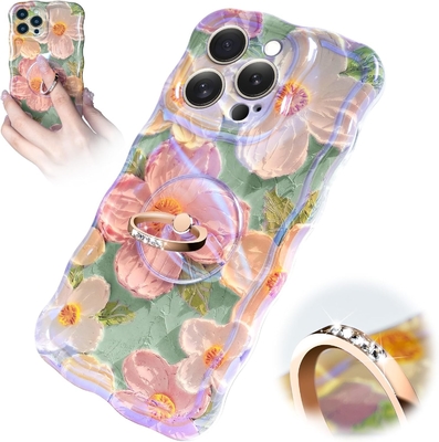 iPhone 12 Pro Max case Ring, Oil Painting flower Colorful retro flower cute curly wave frame Women's Girl phone case