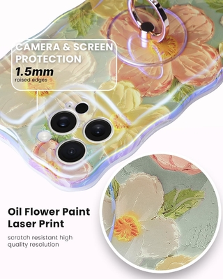 iPhone 12 Pro Max case Ring, Oil Painting flower Colorful retro flower cute curly wave frame Women's Girl phone case