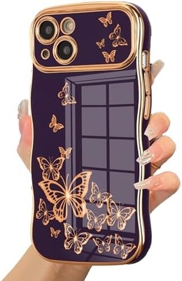 iPhone 13 girl phone case, curly wave frame, luxury plated butterfly pattern, TPU gold rim shock-proof lens protection