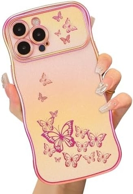 iPhone 13 girl phone case, curly wave frame, luxury plated butterfly pattern, TPU gold rim shock-proof lens protection