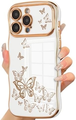 iPhone 13 girl phone case, curly wave frame, luxury plated butterfly pattern, TPU gold rim shock-proof lens protection