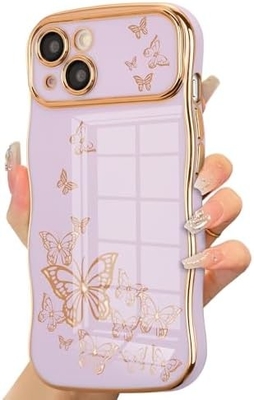 iPhone 13 girl phone case, curly wave frame, luxury plated butterfly pattern, TPU gold rim shock-proof lens protection
