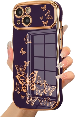iPhone 13 girl phone case, curly wave frame, luxury plated butterfly pattern, TPU gold rim shock-proof lens protection