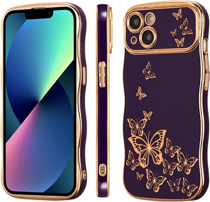 iPhone 13 girl phone case, curly wave frame, luxury plated butterfly pattern, TPU gold rim shock-proof lens protection