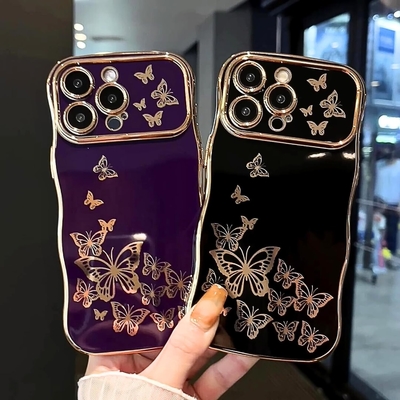 iPhone 13 girl phone case, curly wave frame, luxury plated butterfly pattern, TPU gold rim shock-proof lens protection