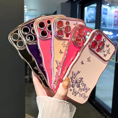 iPhone 13 girl phone case, curly wave frame, luxury plated butterfly pattern, TPU gold rim shock-proof lens protection