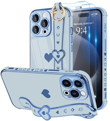 iPhone 12 Pro Cute Love-Heart Plating Strap Phone Cover for Women Girls Bling Silicone Camera Lens Protection Bumper