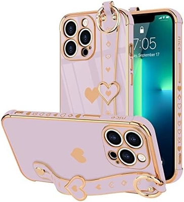 iPhone 12 Pro Cute Love-Heart Plating Strap Phone Cover for Women Girls Bling Silicone Camera Lens Protection Bumper