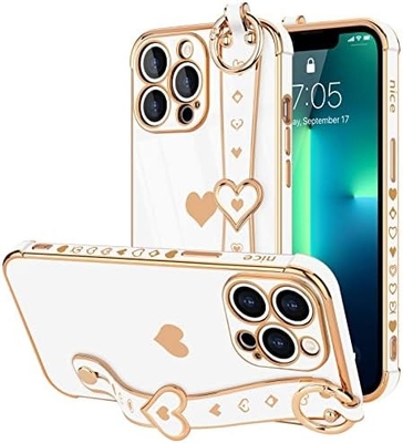 iPhone 12 Pro Cute Love-Heart Plating Strap Phone Cover for Women Girls Bling Silicone Camera Lens Protection Bumper