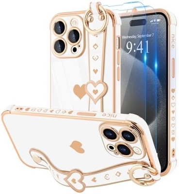 iPhone 12 Pro Cute Love-Heart Plating Strap Phone Cover for Women Girls Bling Silicone Camera Lens Protection Bumper