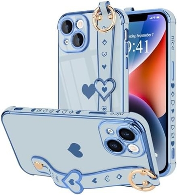 iPhone 12 Pro Cute Love-Heart Plating Strap Phone Cover for Women Girls Bling Silicone Camera Lens Protection Bumper