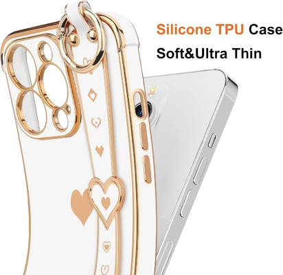 iPhone 12 Pro Cute Love-Heart Plating Strap Phone Cover for Women Girls Bling Silicone Camera Lens Protection Bumper